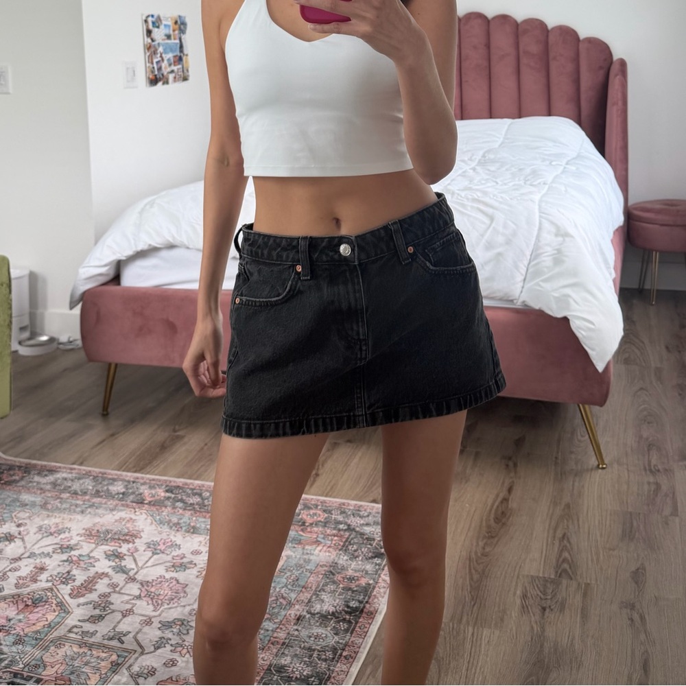 Mango black denim mid rise mini skirt